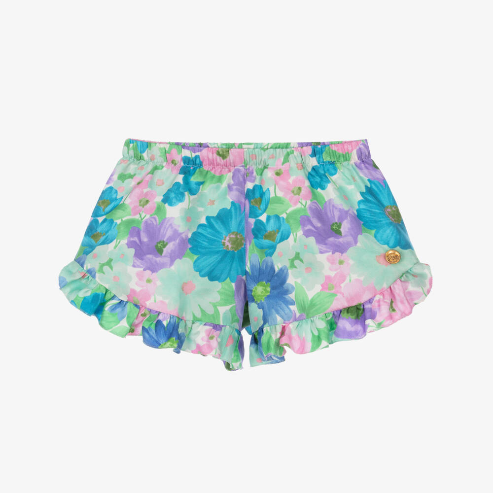 Versace-Girls Blue & Purple Silk Twill Shorts with Meadow Print | Childrensalon