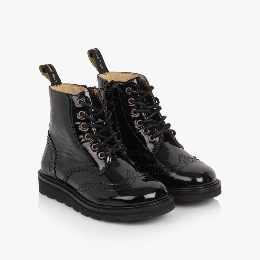 Young Soles-Black Patent Leather Brogue Ankle Boots  | Childrensalon
