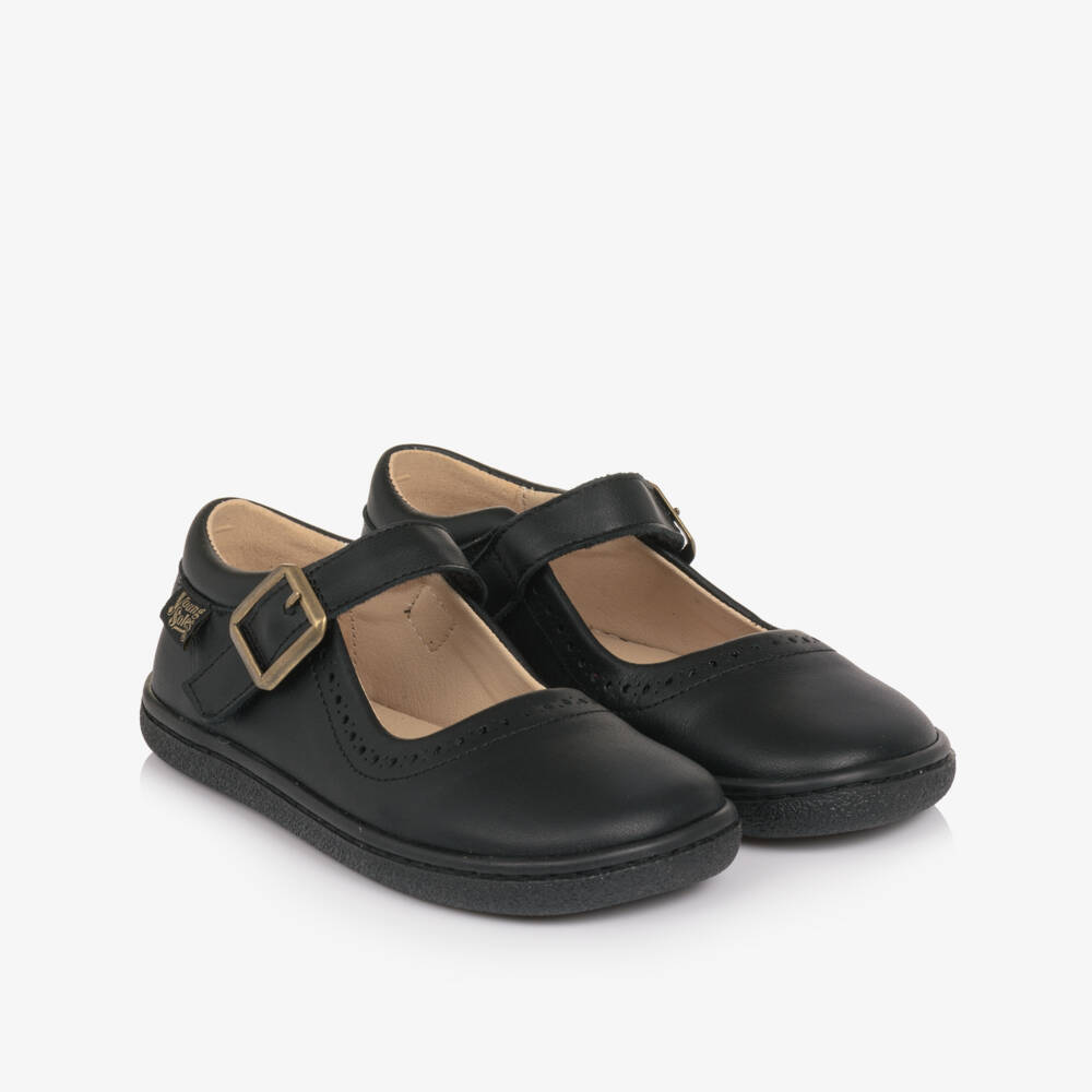 Young Soles-Girls Black Leather Barefoot Velcro Shoes | Childrensalon
